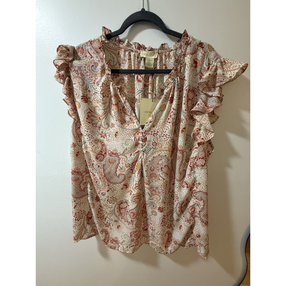 Cynthia Rowley Blouse Paisley Size‎ 3X Flutter Ruffle Sleeve Buttons Tie NWT